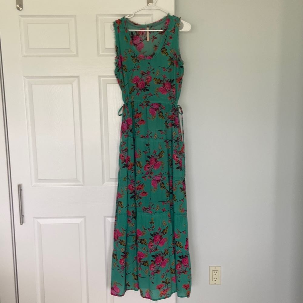 Maxi green, fushia, brown, gold, gathered waist dress